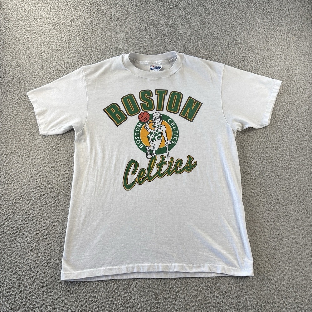 Vintage Boston Celtics Shirt Mens Large Single Stitch White Hanes Fifty-Fifty